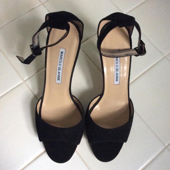 MANOLO BLAHNIK Black Suede Open Toe Ankle Strap Heels - Picture 2 of 5